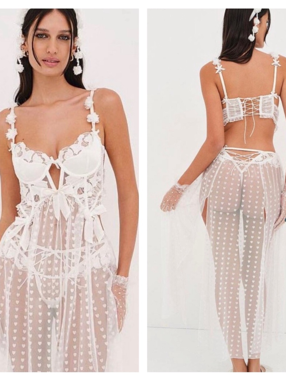 For Love & Lemons Amore Maxi Slip Dress Hearts Lace Bows Underwired